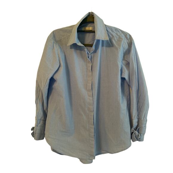 Onado Tops - Onado Blue & White Striped Blouse with Decorative Cuffs Size L 100% Cotton